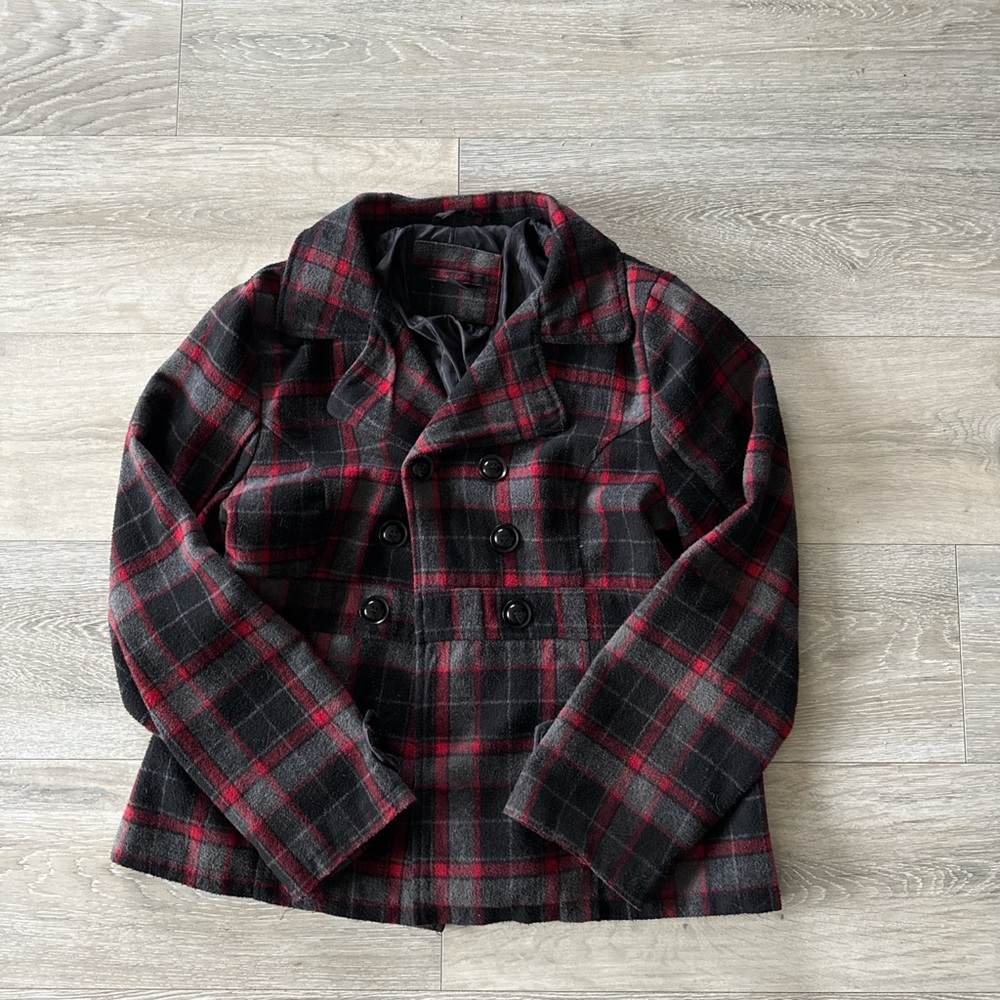 Black Lipstick Women's XL Red Large Plaid Peacoat Blend Wool